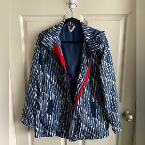 Blue & White Patterned Rain Jacket with Red Trim